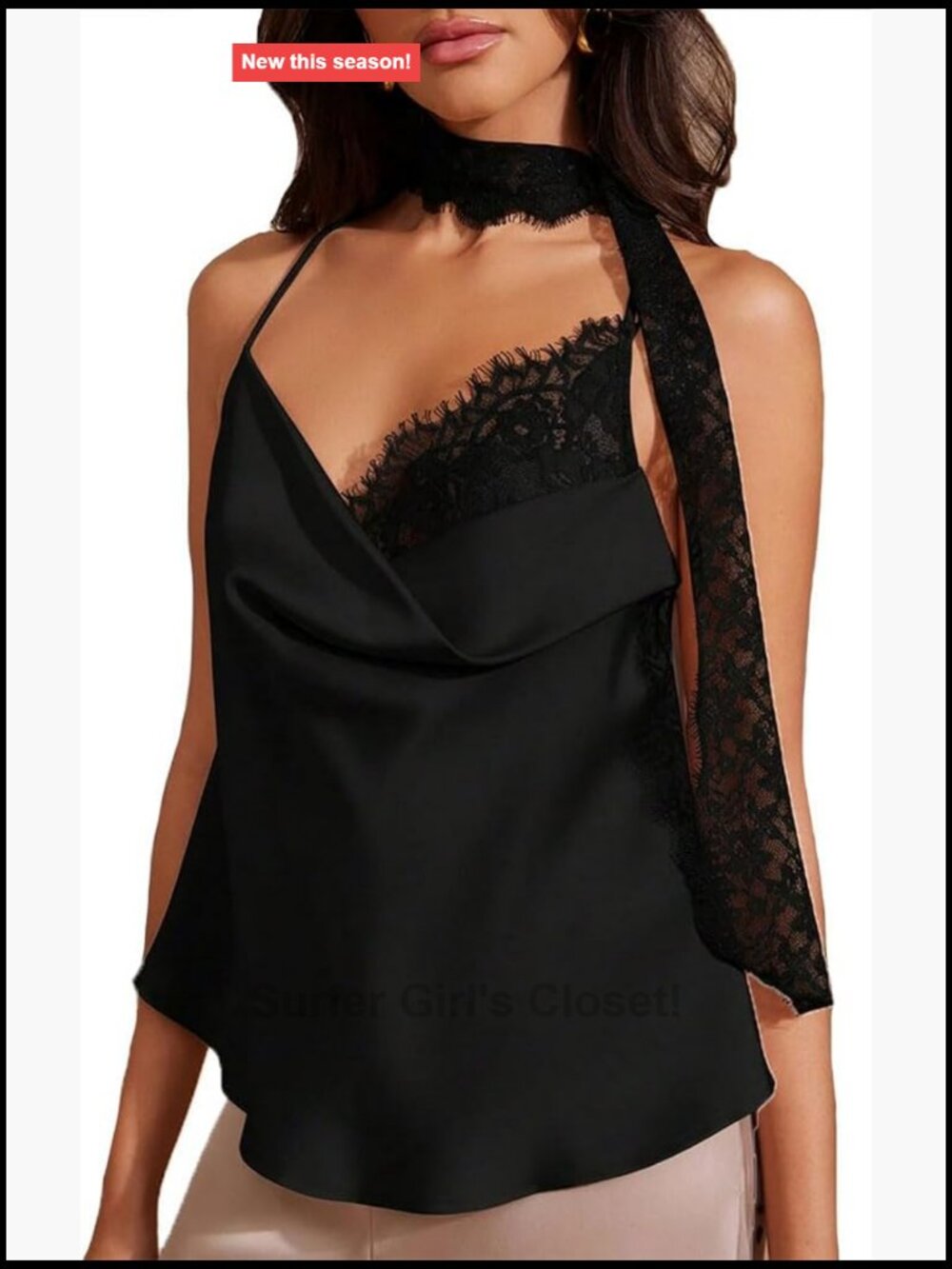 Women Satin Lace Patchwork Cami Tank Top Spaghetti Strap Cowl Neck Backless